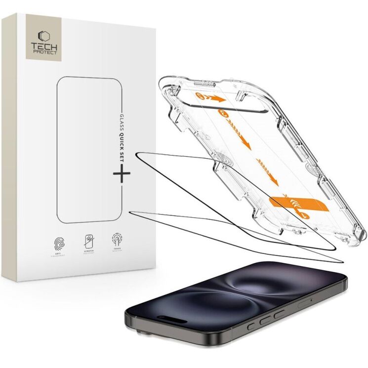 Комплект защитных стекол Tech-Protect 5D Quick Set + для Apple iPhone 15 / 16 - Black: фото 1 из 6