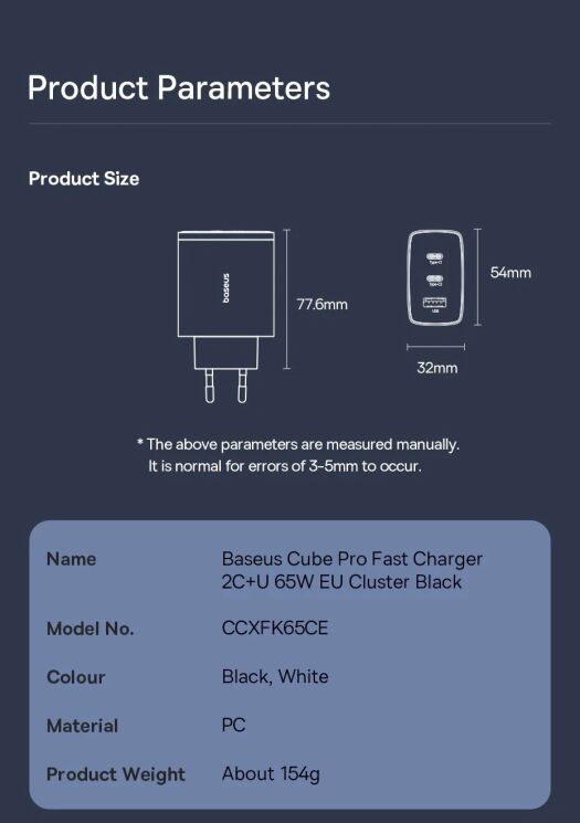 Сетевое зарядное устройство Baseus Cube Pro 2C+U (65W) P10152301113-00 - Black: фото 20 из 23