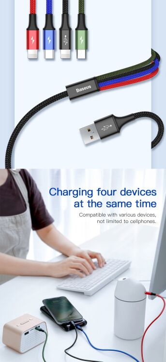 Дата-кабель Baseus Fast 4-in-1 Lightning(2)+Type-C+MicroUSB (3.5A, 1.2m) CA1T4-A01 - Black: фото 10 з 20