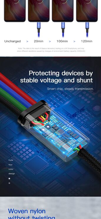 Дата-кабель Baseus Fast 4-in-1 Lightning(2)+Type-C+MicroUSB (3.5A, 1.2m) CA1T4-A01 - Black: фото 14 з 20