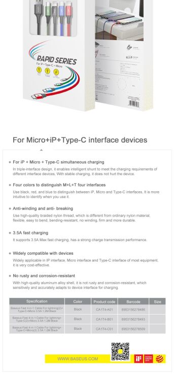 Дата-кабель Baseus Fast 4-in-1 Lightning(2)+Type-C+MicroUSB (3.5A, 1.2m) CA1T4-A01 - Black: фото 20 з 20