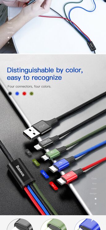 Дата-кабель Baseus Fast 4-in-1 Lightning(2)+Type-C+MicroUSB (3.5A, 1.2m) CA1T4-A01 - Black: фото 12 з 20