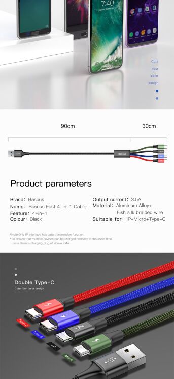Дата-кабель Baseus Fast 4-in-1 Lightning(2)+Type-C+MicroUSB (3.5A, 1.2m) CA1T4-A01 - Black: фото 18 з 20