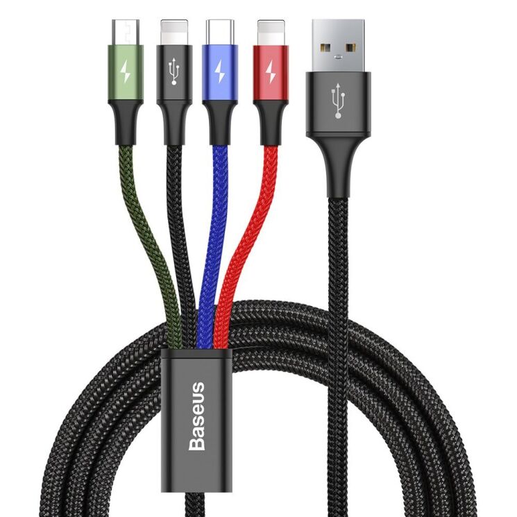 Дата-кабель Baseus Fast 4-in-1 Lightning(2)+Type-C+MicroUSB (3.5A, 1.2m) CA1T4-A01 - Black: фото 1 з 20