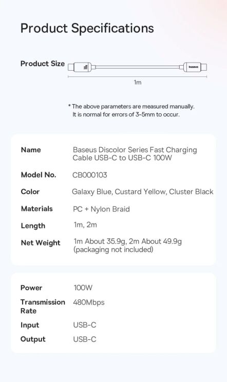 Кабель Baseus Discolor Series Type-C to Type-C (100W, 1m) P10374902 - Galaxy Blue: фото 24 из 25
