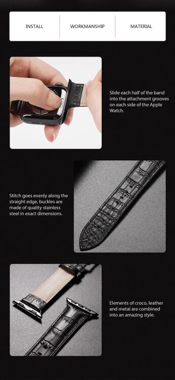 Ремешок DUX DUCIS Crocodile Texture для Apple Watch 46 / 45 / 44 / SE 44 / 42 (Series 1-3) / Ultra / Ultra 2 - Black: фото 12 из 16