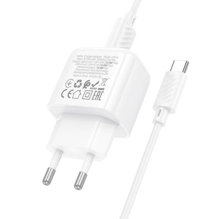 Сетевое зарядное устройство Hoco CS51A Surplus (2USB, 2.4A) + кабель USB to Type-C - White: фото 6 из 8