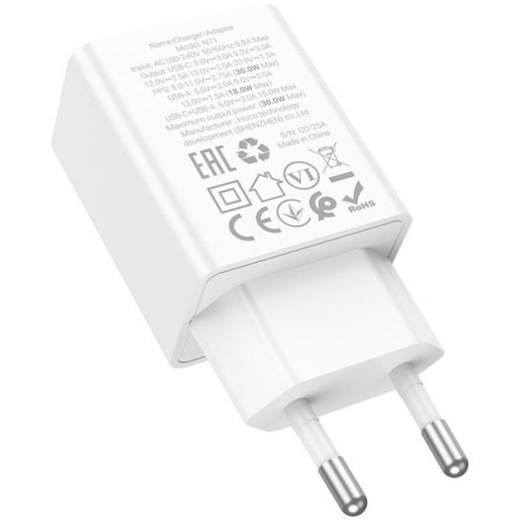 Мережевий зарядний пристрій Hoco N71 PD30W + QC3.0 - White: фото 3 з 6