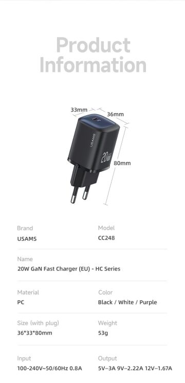 Мережевий зарядний пристрій USAMS CC248 GaN Fast Charger (20W) - Black: фото 13 з 13