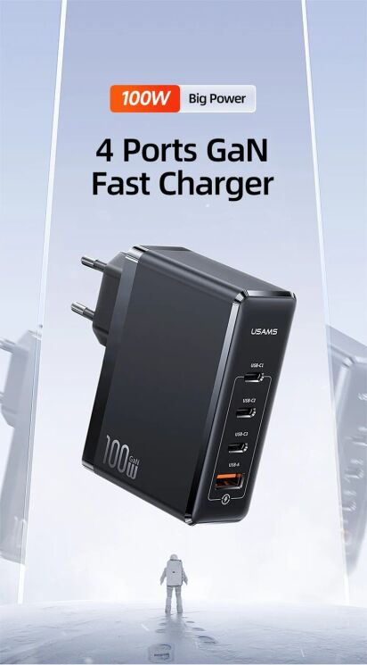 Мережевий зарядний пристрій Usams US-CC163 T50 100W 4 Ports ACCC GaN Fast Charger - Black: фото 6 з 21