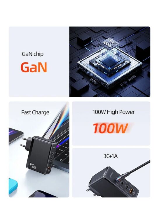 Мережевий зарядний пристрій Usams US-CC163 T50 100W 4 Ports ACCC GaN Fast Charger - Black: фото 7 з 21