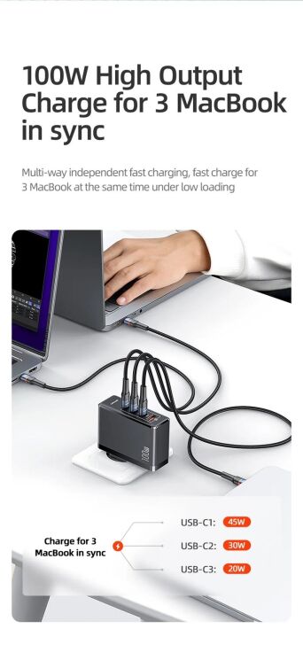 Мережевий зарядний пристрій Usams US-CC163 T50 100W 4 Ports ACCC GaN Fast Charger - Black: фото 10 з 21