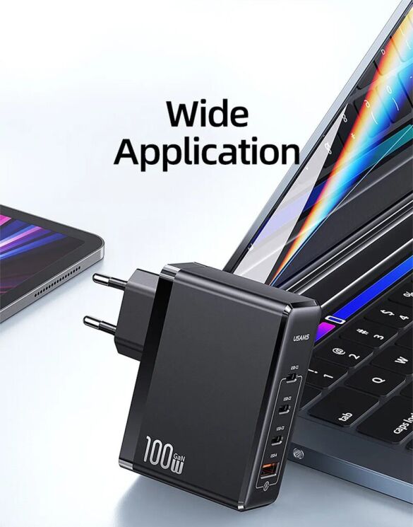 Мережевий зарядний пристрій Usams US-CC163 T50 100W 4 Ports ACCC GaN Fast Charger - Black: фото 17 з 21
