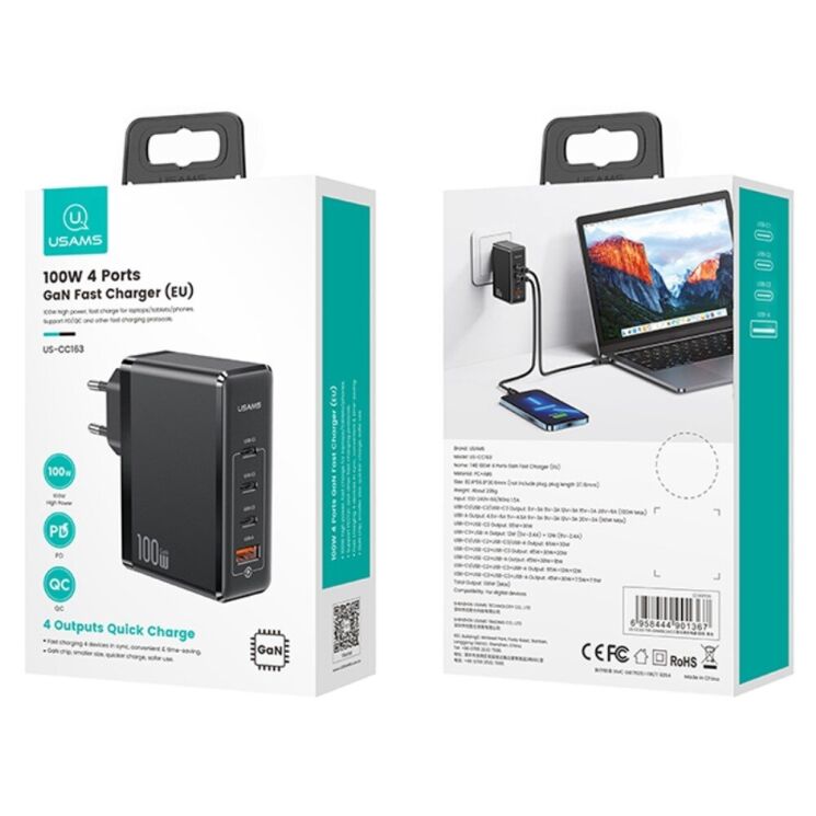 Мережевий зарядний пристрій Usams US-CC163 T50 100W 4 Ports ACCC GaN Fast Charger - Black: фото 5 з 21