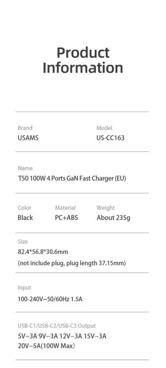 Мережевий зарядний пристрій Usams US-CC163 T50 100W 4 Ports ACCC GaN Fast Charger - Black: фото 19 з 21