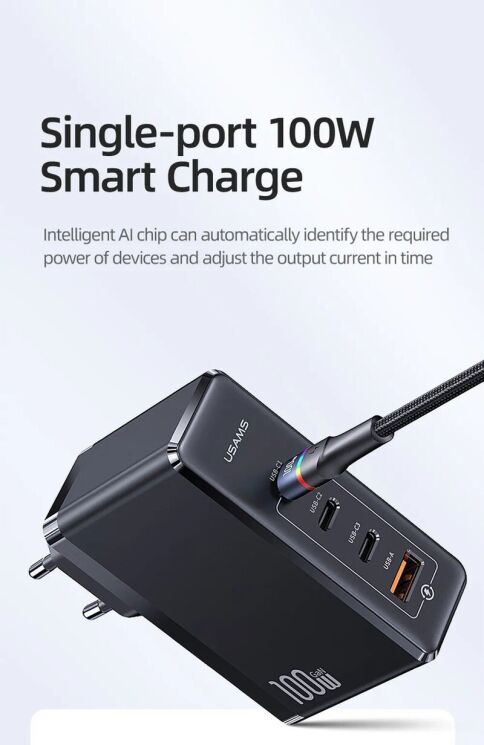 Мережевий зарядний пристрій Usams US-CC163 T50 100W 4 Ports ACCC GaN Fast Charger - Black: фото 15 з 21