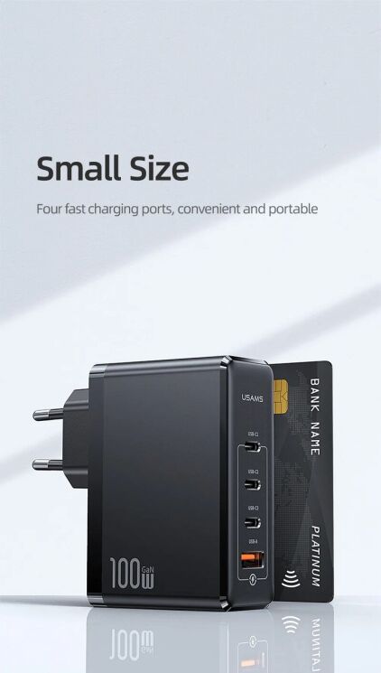Мережевий зарядний пристрій Usams US-CC163 T50 100W 4 Ports ACCC GaN Fast Charger - Black: фото 13 з 21