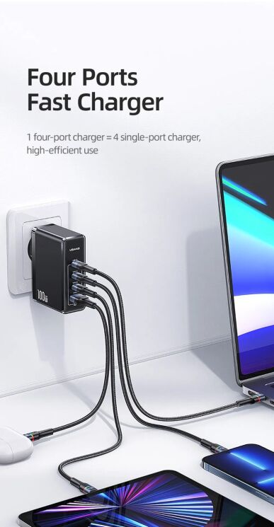 Мережевий зарядний пристрій Usams US-CC163 T50 100W 4 Ports ACCC GaN Fast Charger - Black: фото 8 з 21