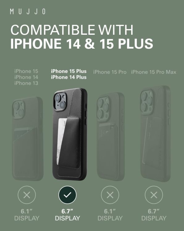 Кожаный чехол MUJJO Full Leather Wallet для Apple iPhone 15 Plus - Black: фото 3 из 8