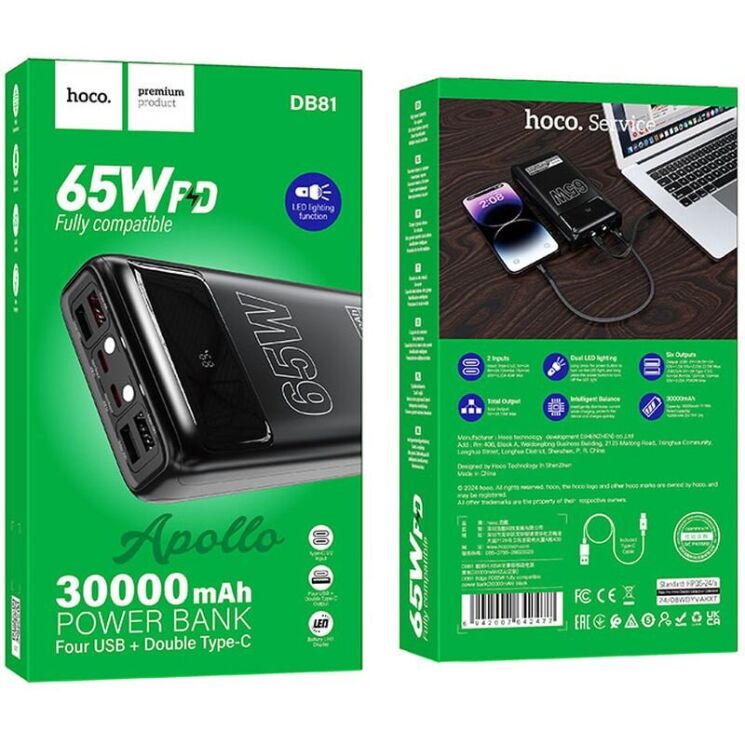 Зовнішній акумулятор Hoco DB81 Apollo PD65W (30000mAh) - Black: фото 5 з 7