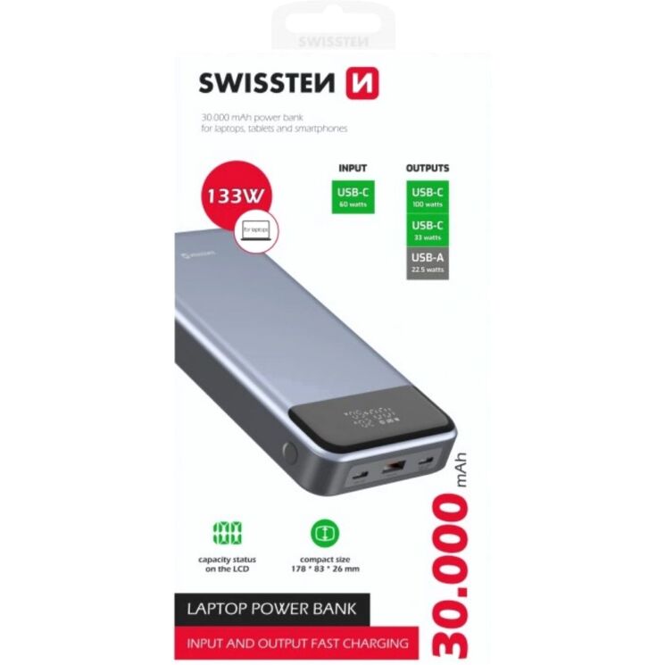 Внешний аккумулятор SWISSTEN LapTop Charger PD133W (30000mAh) - Silver: фото 2 из 5