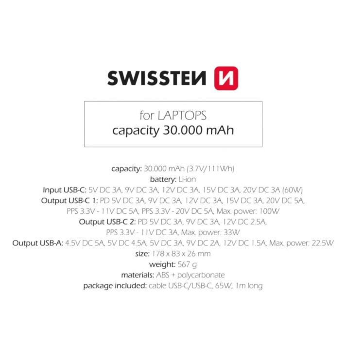 Внешний аккумулятор SWISSTEN LapTop Charger PD133W (30000mAh) - Silver: фото 5 из 5