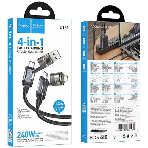 Кабель Hoco U151 3 in 1 USB+Type-C to Type-C+Lighting 240W (1m) - Black: фото 7 з 7