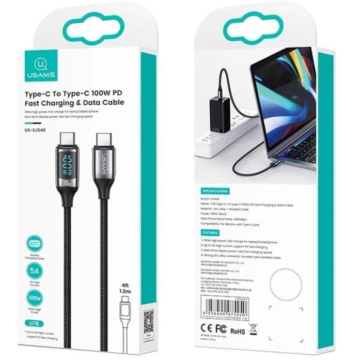 Кабель USAMS SJ546 U78 Type-C to Type-C (100W, 5A, 1.2m) - Black: фото 4 из 14