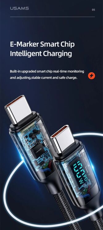 Кабель USAMS SJ546 U78 Type-C to Type-C (100W, 5A, 1.2m) - Black: фото 10 из 14