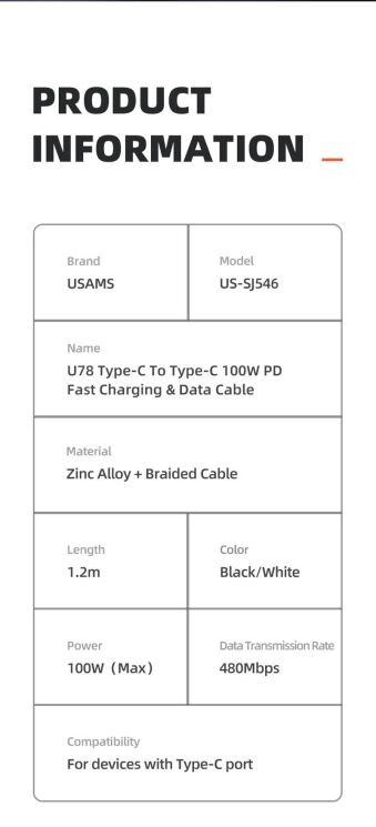 Кабель USAMS SJ546 U78 Type-C to Type-C (100W, 5A, 1.2m) - Black: фото 13 из 14