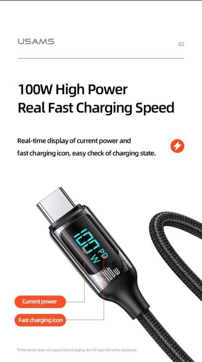 Кабель USAMS SJ546 U78 Type-C to Type-C (100W, 5A, 1.2m) - Black: фото 7 из 14