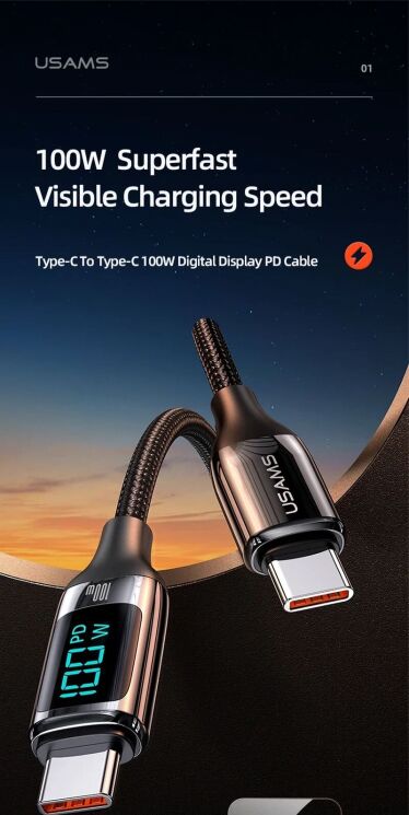 Кабель USAMS SJ546 U78 Type-C to Type-C (100W, 5A, 1.2m) - Black: фото 5 из 14