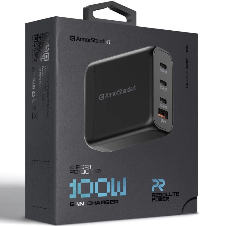 Сетевое зарядное устройство ArmorStandart Resolute Power GaN 100W (3Type-C + USB) - Black (995621B) Сетевое зарядное устройство ArmorStandart Resolute Power GaN 100W (3Type-C + USB) - Black: фото 2 из 12