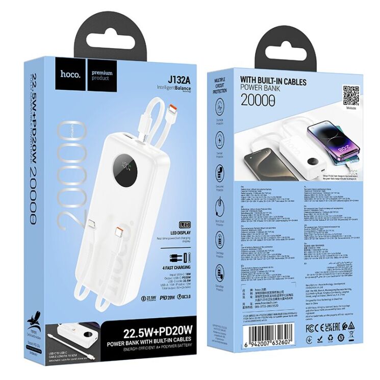 Зовнішній акумулятор Hoco J132A Sabio 22.5W+PD20W (20000mAh) - White: фото 4 з 6