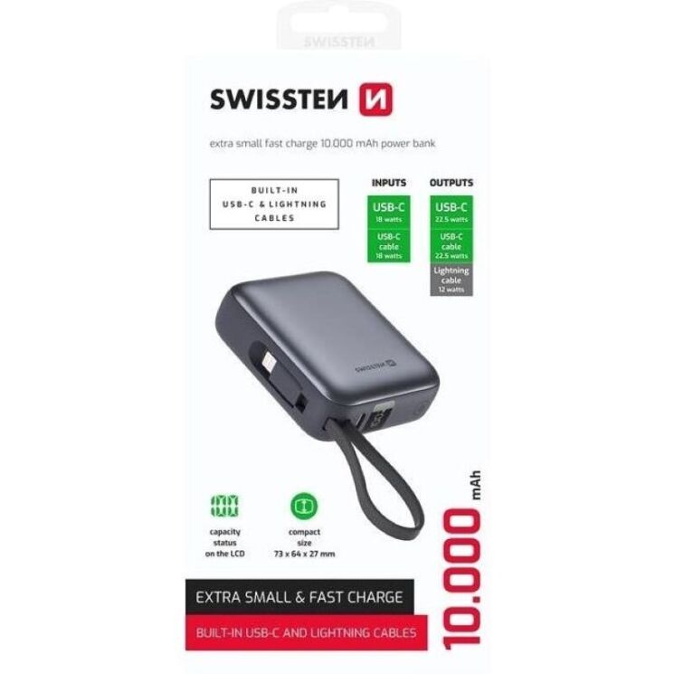 Зовнішній аккумулятор SWISSTEN Extra Small 22.5W (10000mAh) + кабель Type-C + Lightning - Silver: фото 4 з 8