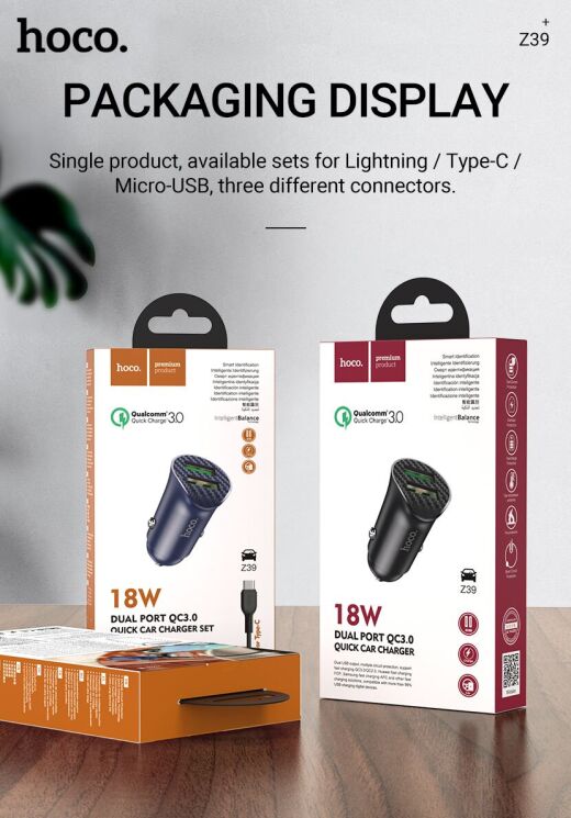 Автомобільний зарядний пристрій Hoco Z39 QC3.0 (18W, 2USB) - Black: фото 9 з 9