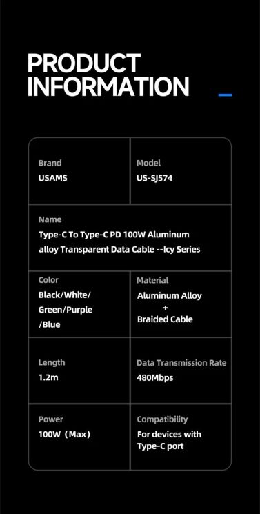 Кабель USAMS SJ574 Type-C to Type-C (100W, 5A, 1.2m) - White: фото 15 из 15
