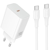 Мережевий зарядний пристрій Hoco C612A PD40W (Type-C) + кабель Type-C to Type-C - White: фото 1 з 5