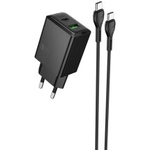 Мережевий зарядний пристрій Hoco N71 PD30W + QC3.0 + кабель Type-C to Type-C - Black: фото 1 з 7