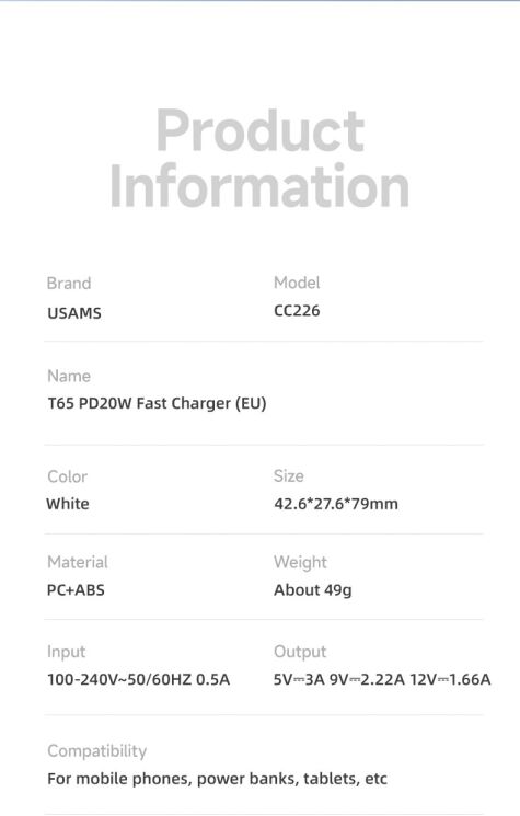 Мережевий зарядний пристрій USAMS US-CC226 T65 PD20W - White: фото 11 з 11