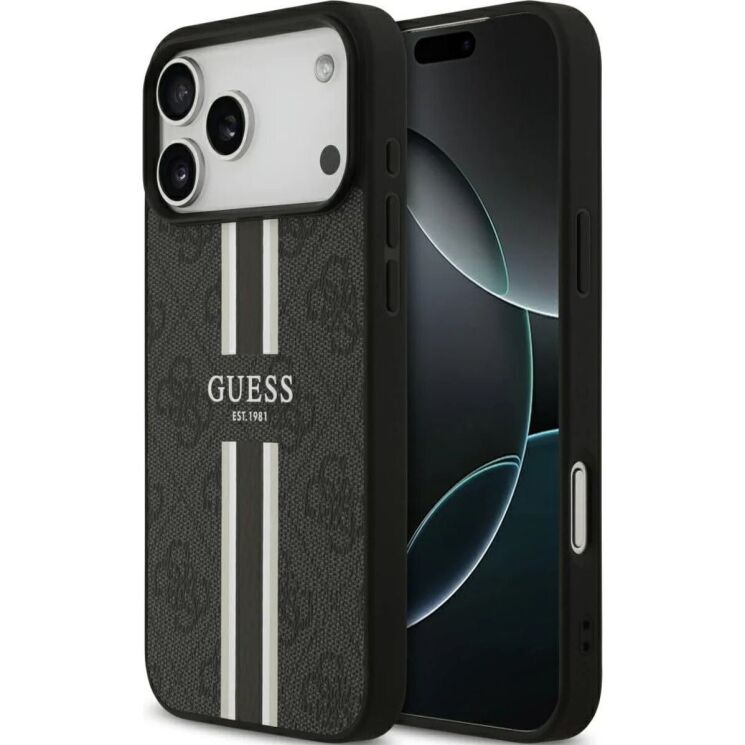 Защитный чехол Guess 4G Printed Stripes MagSafe для iPhone 17 Pro Max (GUHMP17XP4RPSK) - Black (402879B) Защитный чехол Guess 4G Printed Stripes MagSafe для iPhone 17 Pro Max (GUHMP17XP4RPSK) - Black: фото 1 из 9