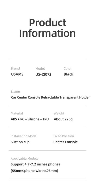 Автомобільний тримач Usams US-ZJ072 Car Center Console Retractable - Black: фото 20 з 21