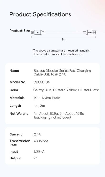 Кабель Baseus Discolor Series USB to Lightning (2.4A, 1m) P10374900 - Cluster Black: фото 20 из 21