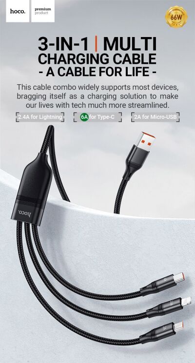 Кабель Hoco U104 Ultra USB to Lightning+MicroUSB+Type-C (66W, 1.2m) - Black: фото 6 з 18