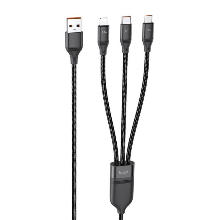 Кабель Hoco U104 Ultra USB to Lightning+MicroUSB+Type-C (66W, 1.2m) - Black: фото 1 з 18