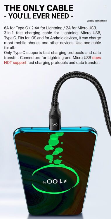 Кабель Hoco U104 Ultra USB to Lightning+MicroUSB+Type-C (66W, 1.2m) - Black: фото 12 з 18