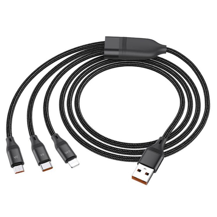 Кабель Hoco U104 Ultra USB to Lightning+MicroUSB+Type-C (66W, 1.2m) - Black: фото 4 з 18