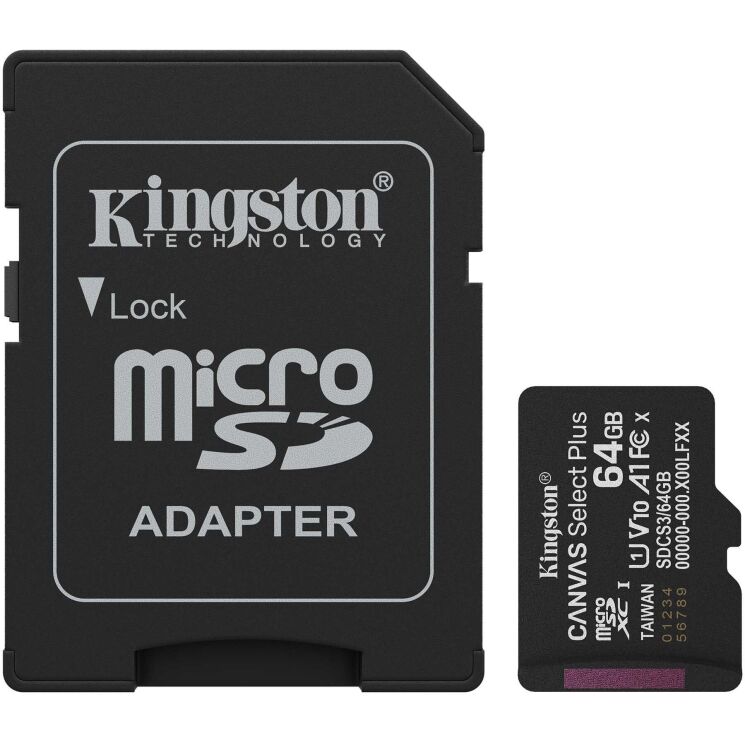 Карта памяти Kingston microSDXC 64GB Canvas Select Plus Gen3 UHS-I U1 V10 A1 (100MB/s) + адаптер (SDCS3/64GB) - Black: фото 1 из 7