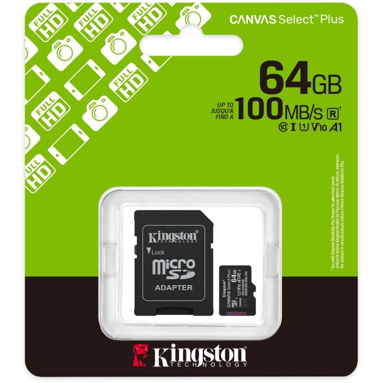 Карта памяти Kingston microSDXC 64GB Canvas Select Plus Gen3 UHS-I U1 V10 A1 (100MB/s) + адаптер (SDCS3/64GB) - Black: фото 3 из 7