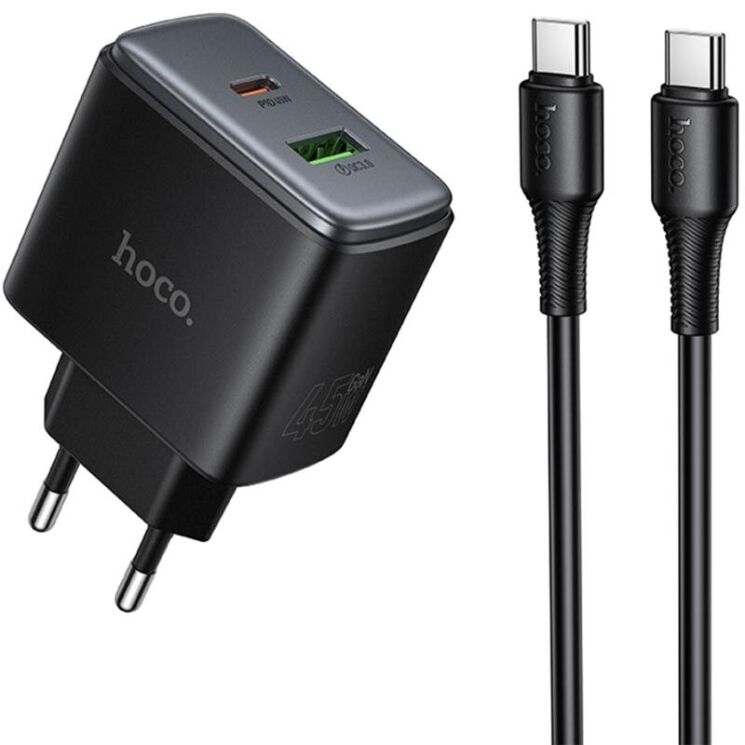 Сетевое зарядное устройство Hoco C158A Upgrade PD45W + QC3.0 + кабель Type-C to Type-C - Black: фото 1 из 6